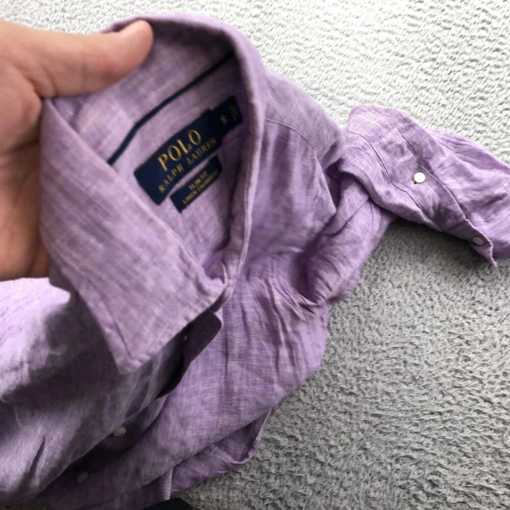 Polo Ralph Lauren Shirt Mens Small Purple Linen Long Sleeve Button Up Slim Fit